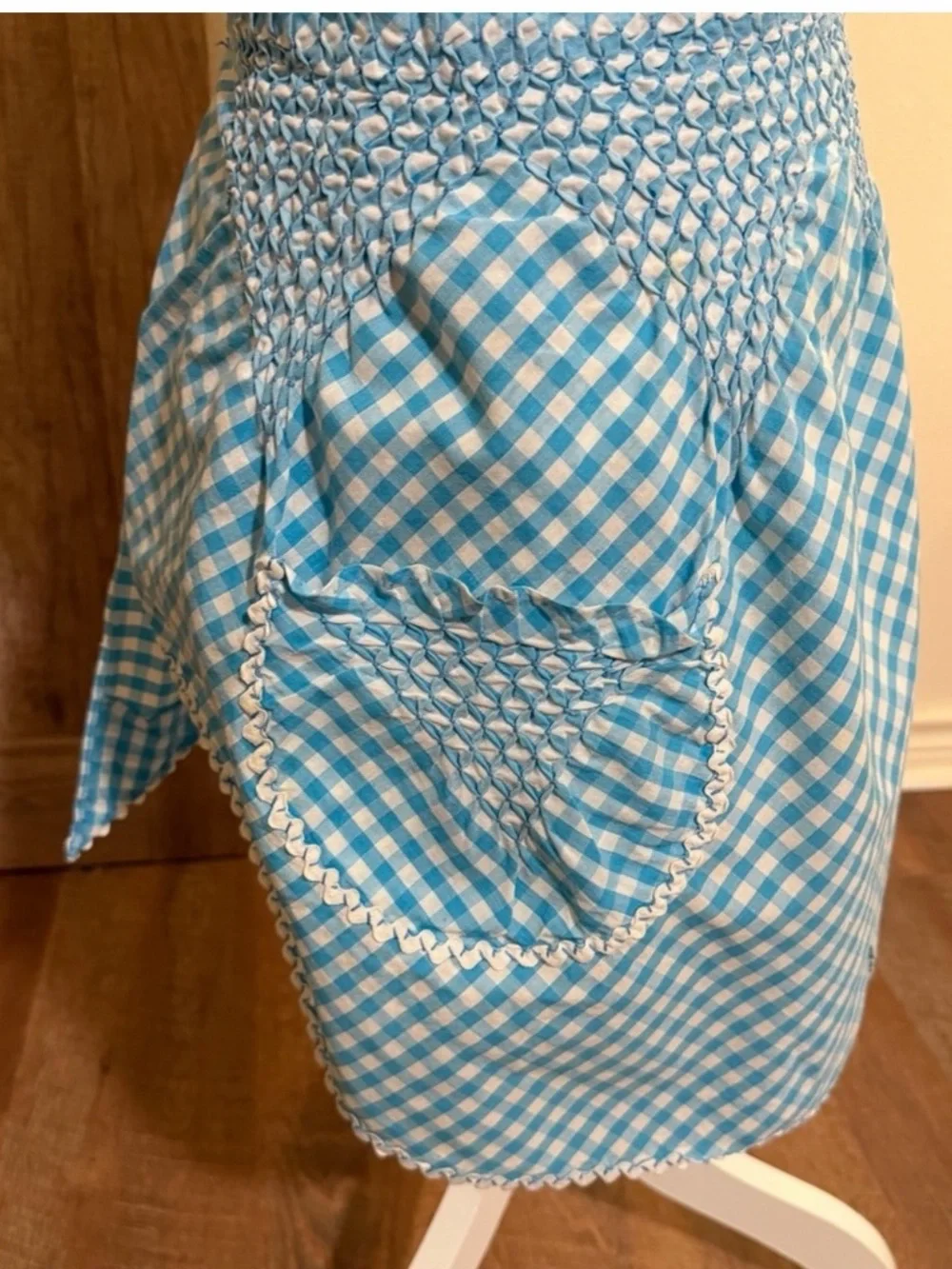 Vintage Blue Gingham Smocked Half Apron Tie Waist Pocket Cottagecore Prairie 50s